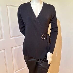 INC International Concepts Black V-Neck Faux Wrap  Sweater